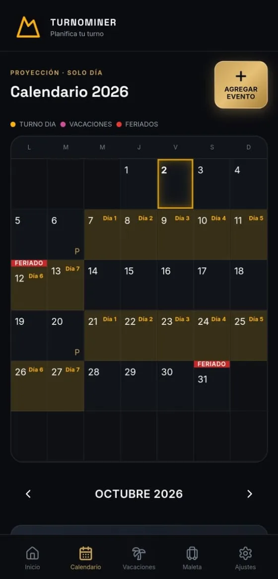 Calendario 2026 con los días de turno numerados del Día 1 al Día 7 y los feriados marcados en rojo