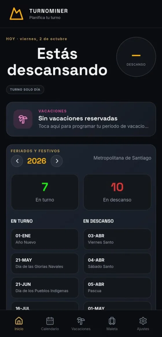 Pantalla de inicio de TurnoMiner que indica 'Estás descansando' y resume los feriados en turno y en descanso