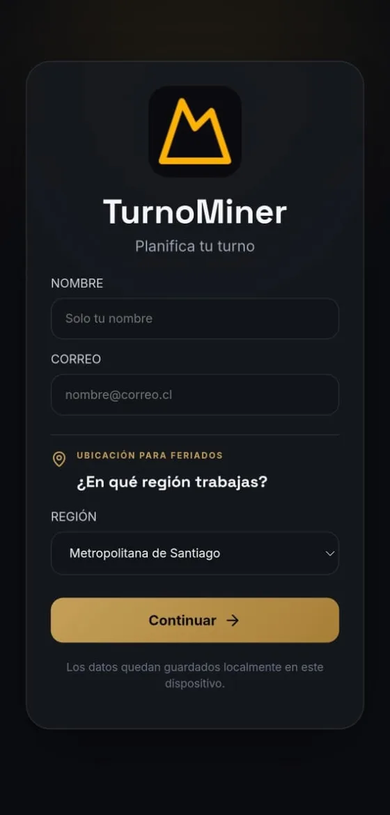 Pantalla de registro con nombre, correo y región de trabajo