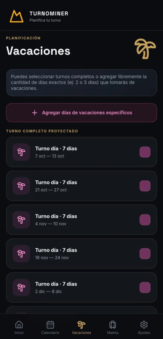 Pantalla de vacaciones con turnos completos proyectados para seleccionar